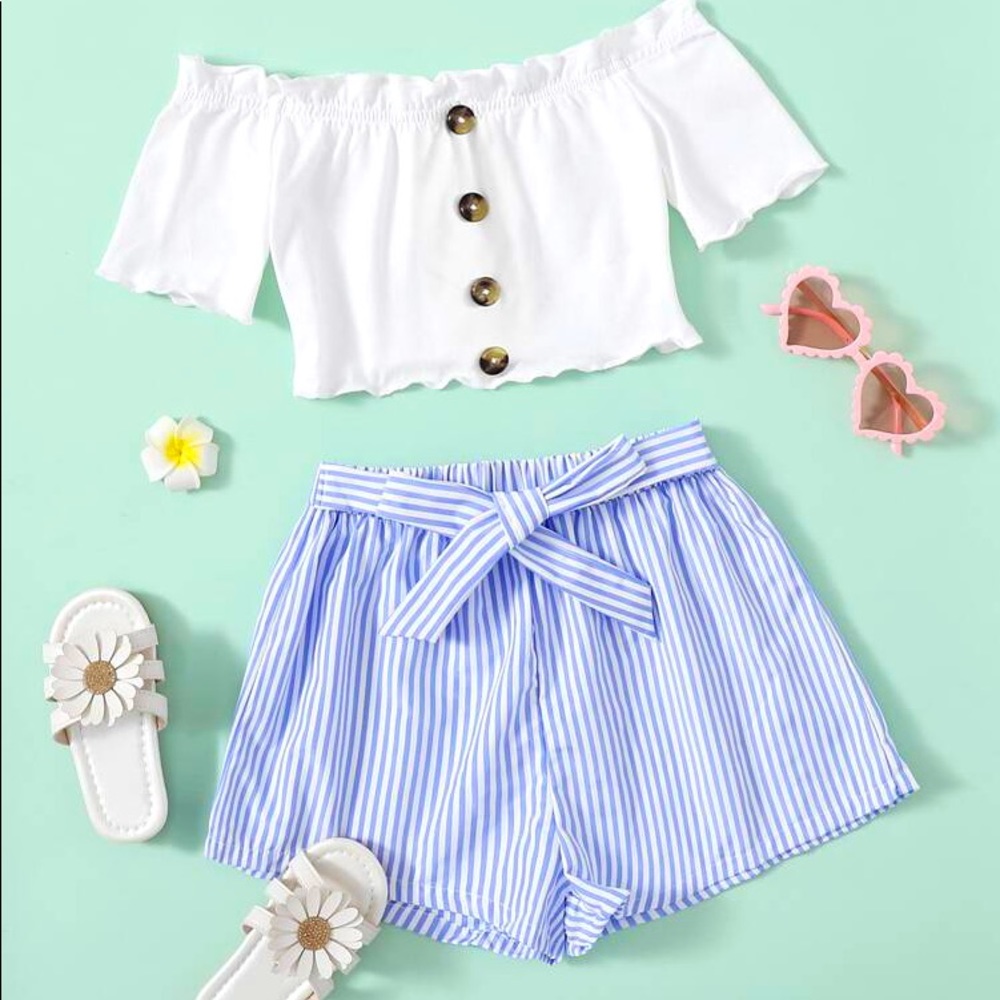 Button Front Lettuce Edge Top + Striped Shorts Set